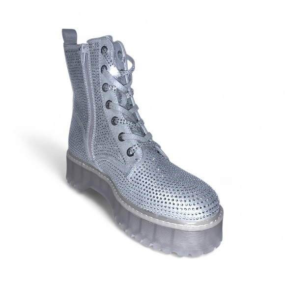STEVE MADDEN Dynamite Rhinestone Silver Glitter Platform Lug Sole Combat Boots - Picture 3 of 17